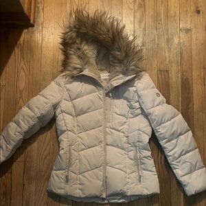 Calvin Klein Collection Beige Puffer Jacket with Faux Fur Hood
